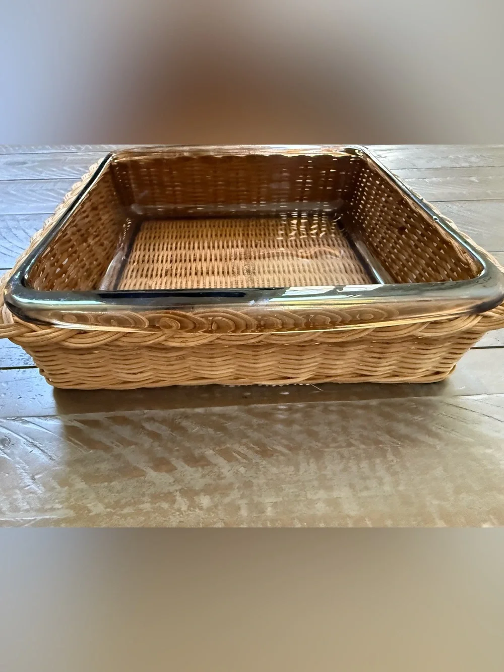 PYREX Fireside Square Amber Glass Casserole Dish with woven Basket Vintage